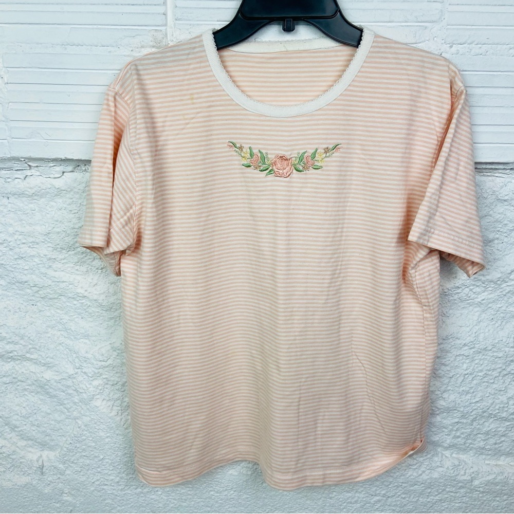 Unbranded cottage core Striped Peach T-Shirt with Floral Embroidery size XL - Picture 7 of 9